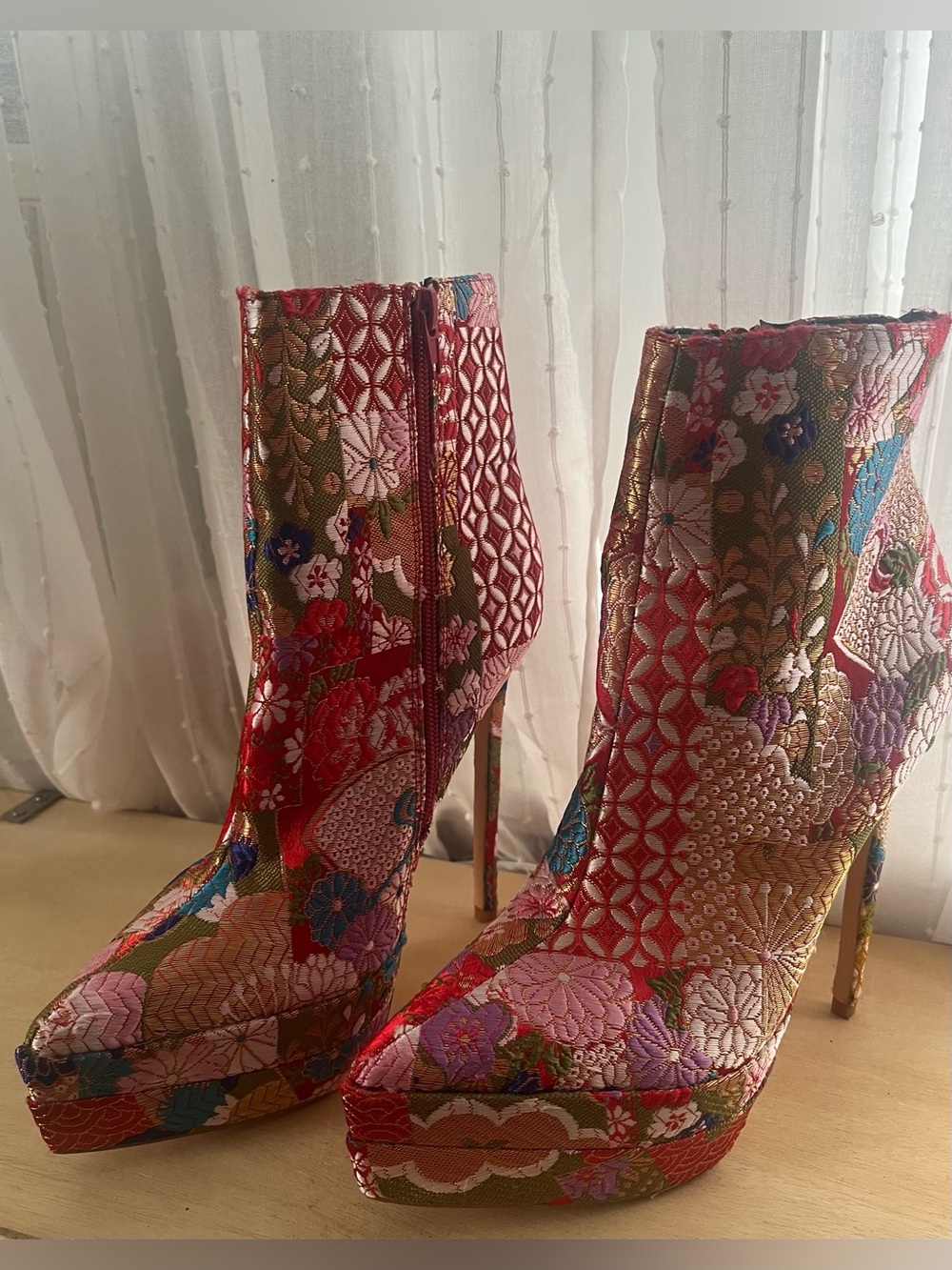 Red Multi Floral Jacquard Platform Ankle Boots